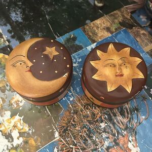 2 Vintage Celestial Trinket Box Wood Carved SUN & Moon Jewellery Holder 3.5"